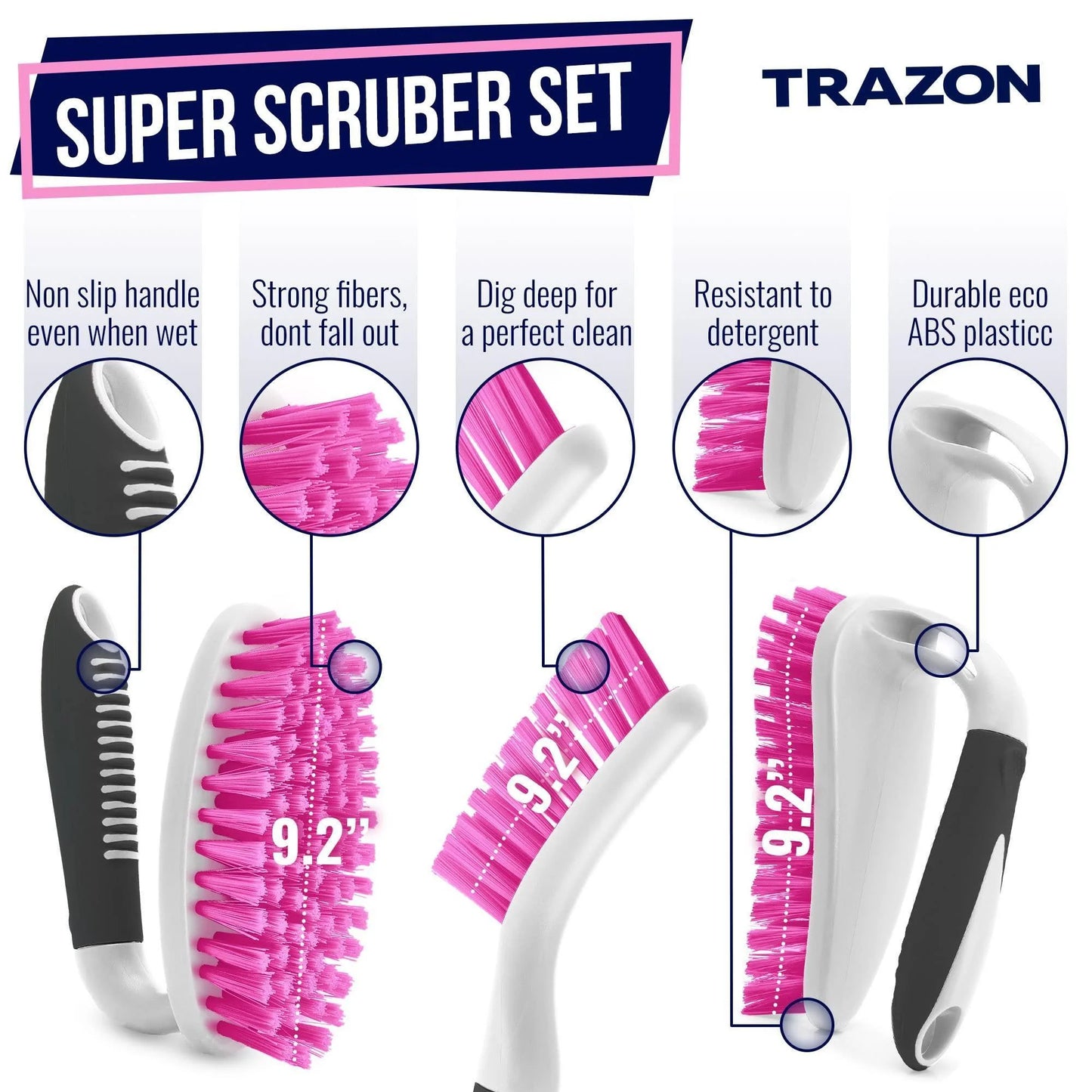 Scrub Brush Set of 3Pcs Cleaning Shower Scrubber Ergonomic Handle Black Pink