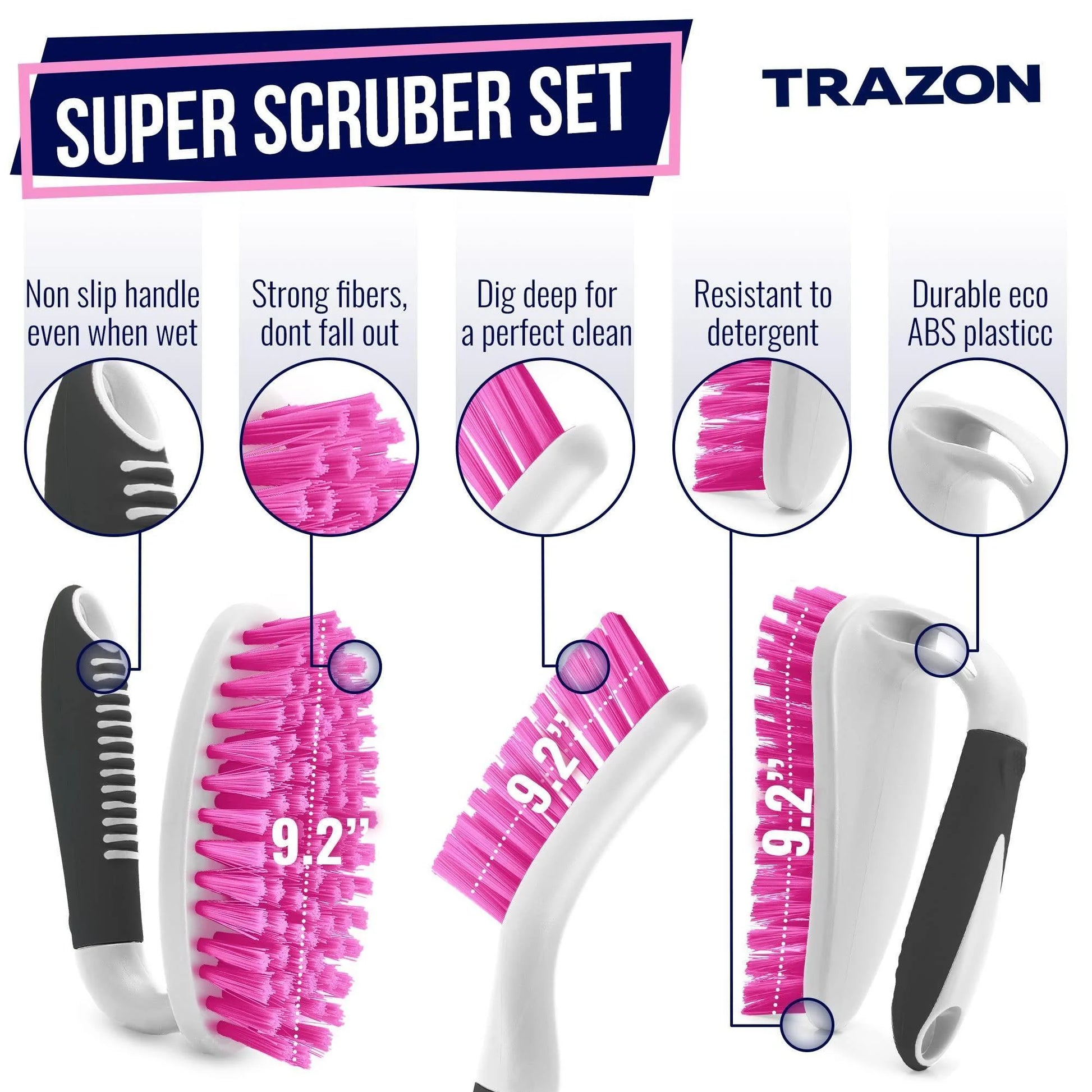 Scrub Brush Set of 3Pcs Cleaning Shower Scrubber Ergonomic Handle Black Pink